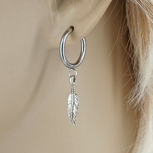 Feather Sterling Silver, Stainless 16mm Huggie Earrings Pair 2206HE